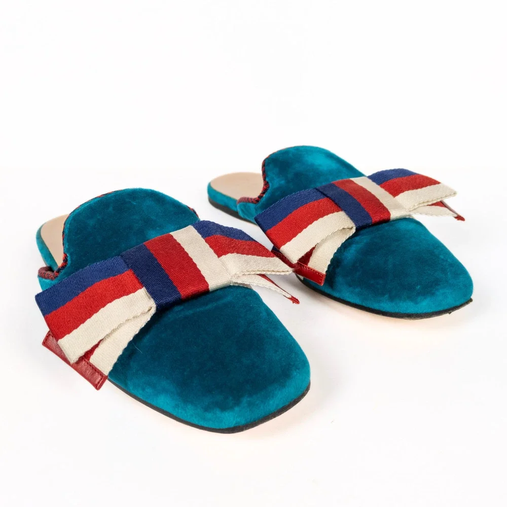 GUCCI Sylvie Bow Velvet Mule Flat Slippers in Pavone Red Blue Women's EU 37.5 - Picture 3 of 11